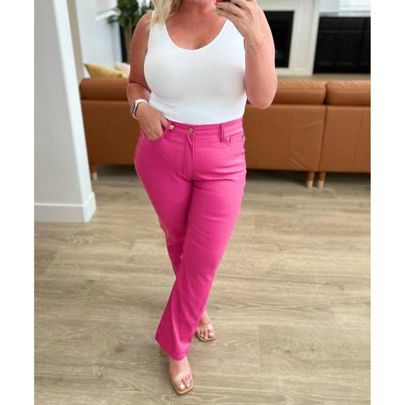 Tanya Tummy Control Faux Leather Pants in Hot Pink